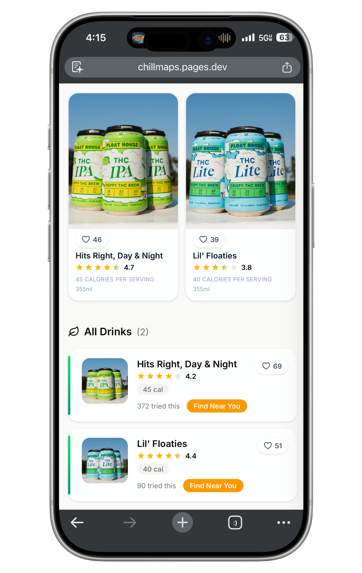 ChillMaps search results showing nearby venues with drink menus