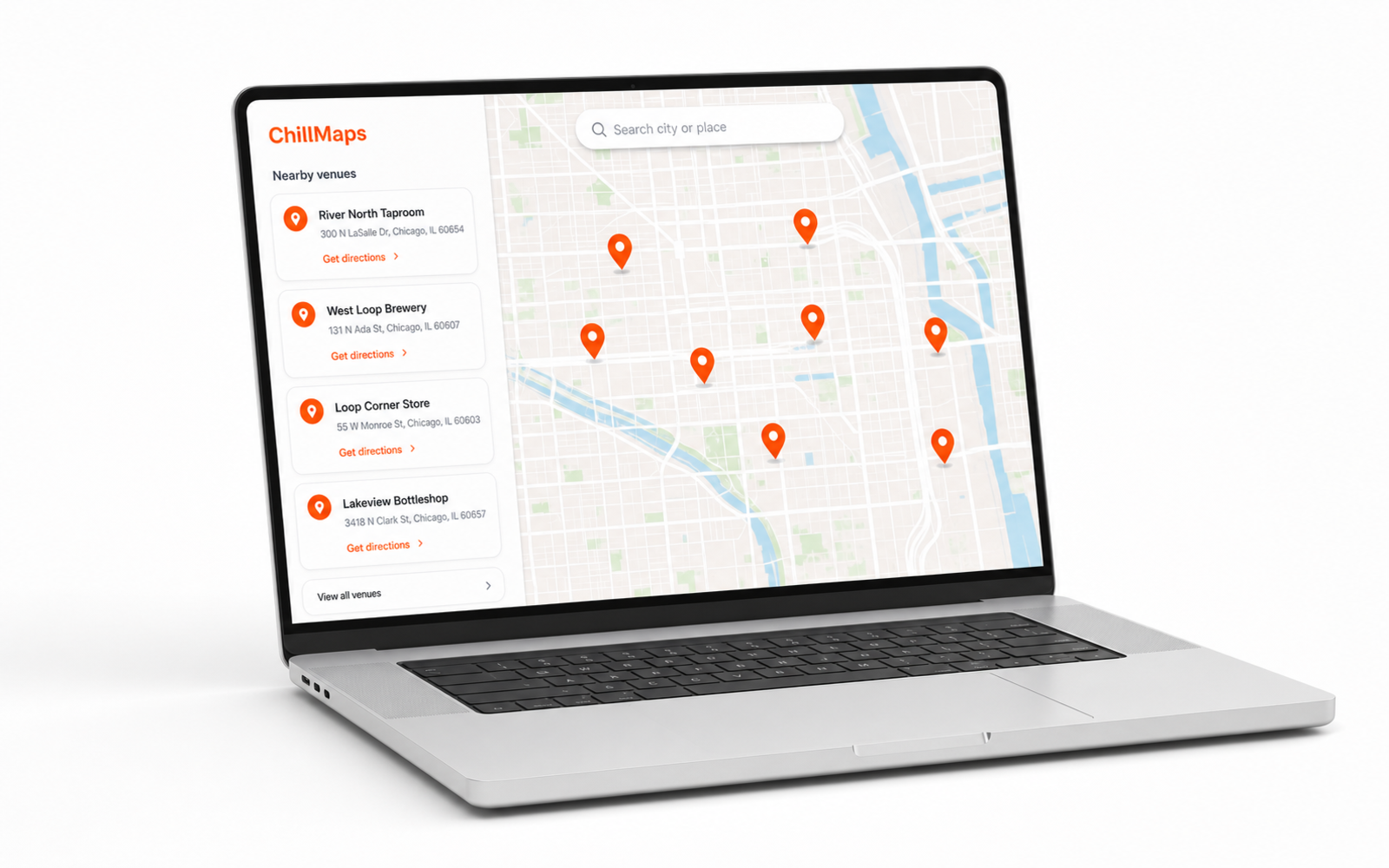 ChillMaps nearby search showing venues on a full-screen map