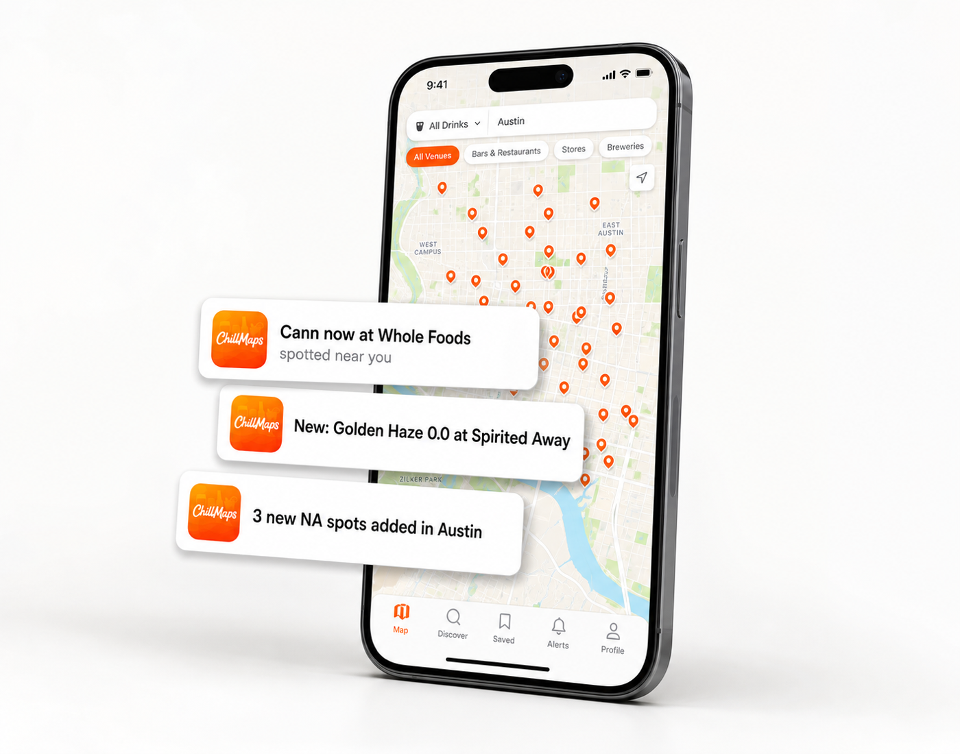 iPhone with ChillMaps alerts about new drinks at a nearby venue