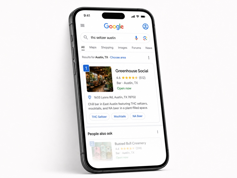 A “thc seltzer austin” Google search showing a ChillMaps venue ranking first